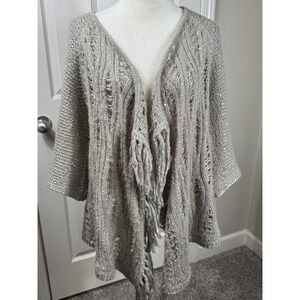 Chico's Women's Size 2 (L) Fringe Open Knit Sparkle Cardigan Neutral Metallic